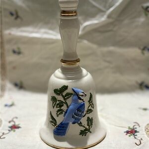 Vintage Blue and White Ceramic Bell with Bird Design
